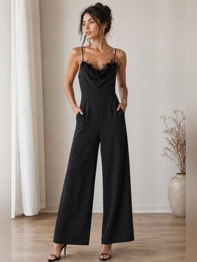 Sam Edelman Feather Trim Jumpsuit Black Wide Leg Evening Cocktail Chic 10